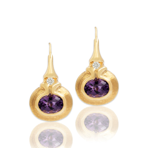 Vintage 14k Yellow Gold Amethyst Diamond Elegant Brushed Earrings