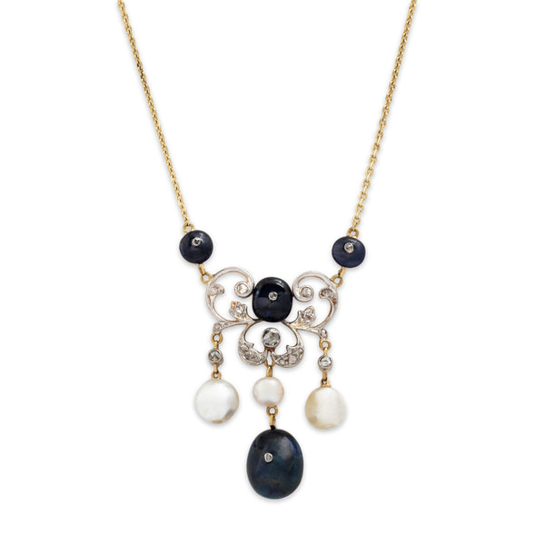 Antique 14k Yellow Gold & Platinum Sapphire Diamond Incredible Lavalier Necklace 18