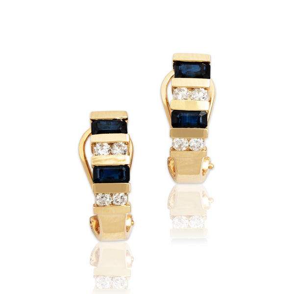 Vintage 14k Yellow Gold 1.1cttw Blue Sapphire Diamond Alternating Earrings