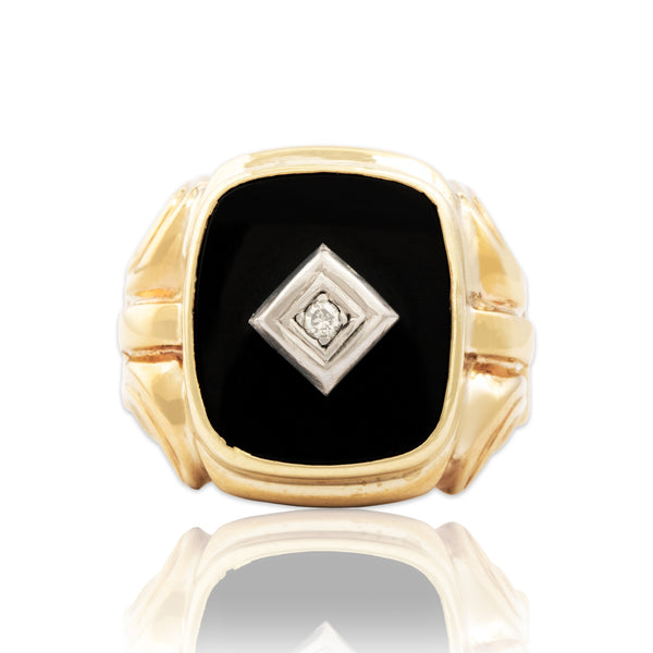 Vintage Heavy 10k Yellow Gold Diamond Onyx Signet Statement Ring 9.75