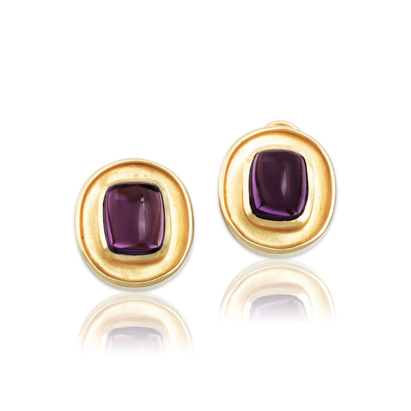 Vintage 14k Yellow Gold 8cttw Amethyst Cabochon Omega Back Earrings