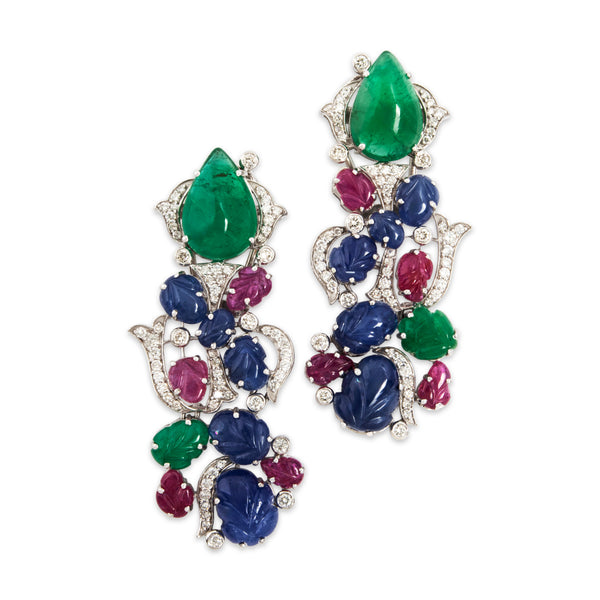 Vintage 18k White Gold Emerald Sapphire Ruby Spectacular Carved Earrings