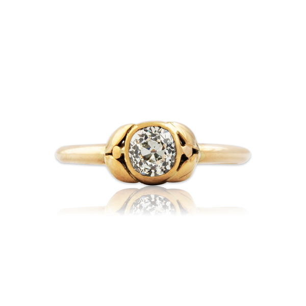 Antique 14k Yellow Gold .76ct Old Mine Diamond Botanical Bezel Solitaire Ring 7.50