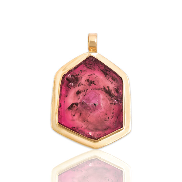 Vintage Large 14k Yellow Gold 13.22ct Pink Tourmaline Hexagonal Slice Pendant