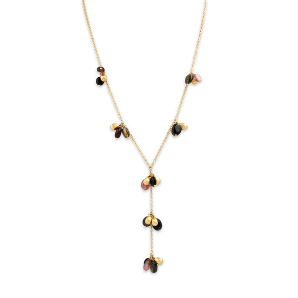 Vintage Italian 14k Yellow Gold Multicolor Tourmaline Beaded Dangle Necklace 16