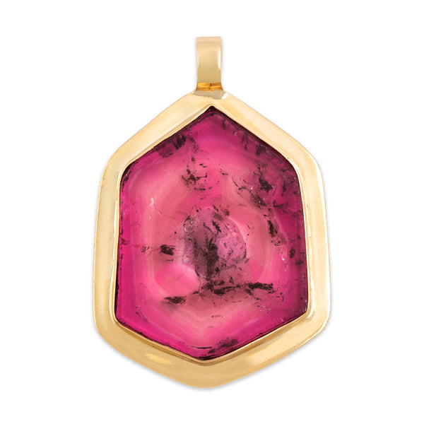 Vintage Large 14k Yellow Gold 12.23ct Pink Tourmaline Hexagonal Slice Pendant