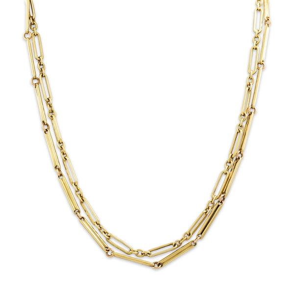 Antique Heavy 14k Yellow Long Trombone Link Double Watch Chain Necklace 33