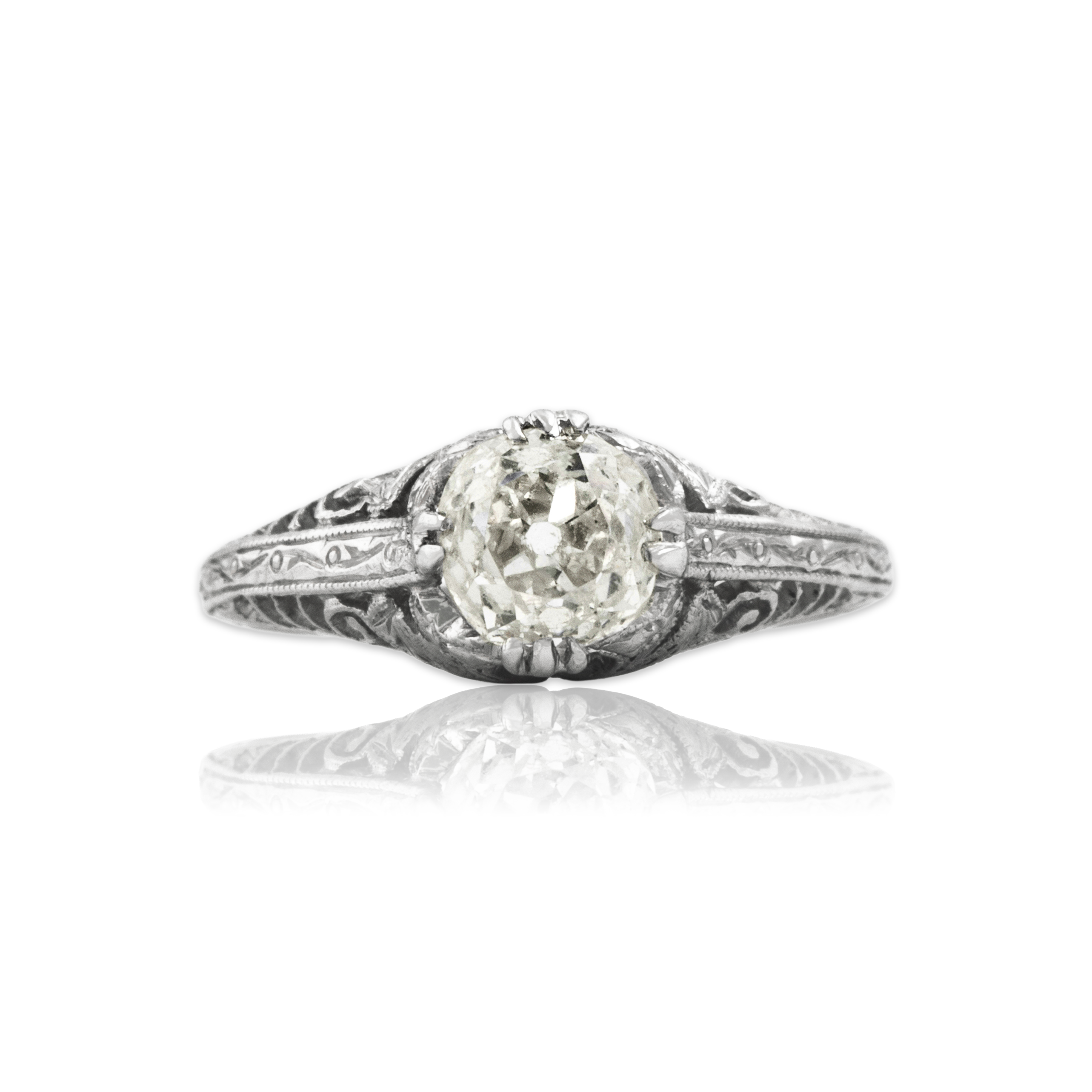 Antique Platinum .74ct Old Mine Cut Diamond Wonderful Piercework Solitaire Ring
