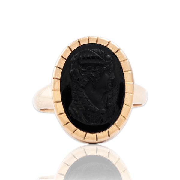 Antique Heavy 10k Rosy Yellow Gold Onyx Carved Cameo Portrait Ring 10.50