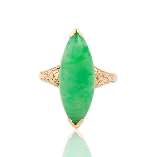 Antique 10k Rosy Yellow Gold 9.02ct Green Jade Navette Ring 7.50