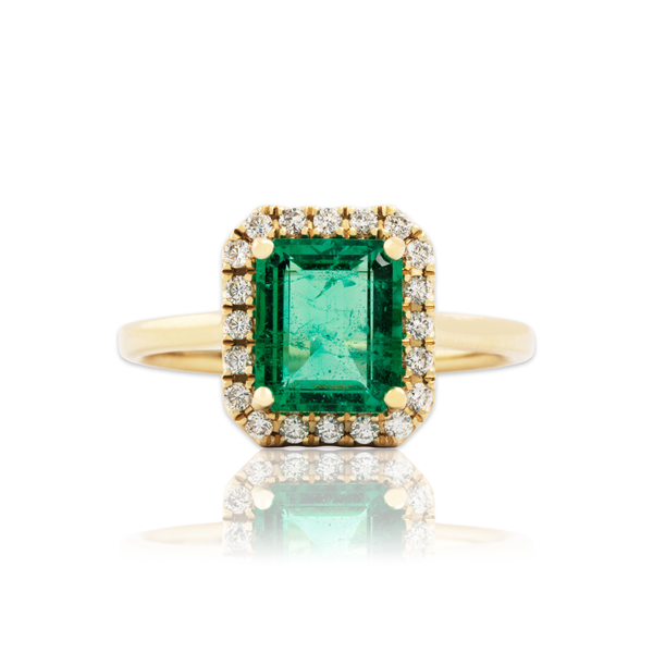 Estate 14k Yellow Gold 1.66ct Emerald Diamond Sophisticated Halo Ring 7.25