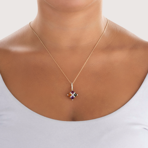Antique 14k Rosy Yellow Gold & Platinum Amethyst Old Mine Diamond Line Pendant