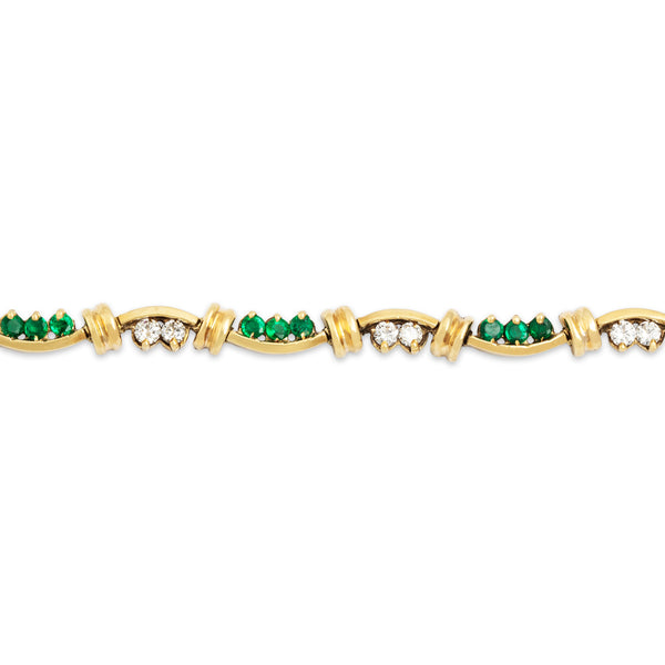 Vintage 18k Yellow Gold .966cttw Diamond .85cttw Emerald Wavy Bracelet 6.5