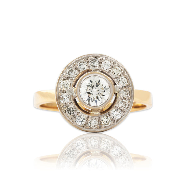 Vintage 14k Yellow & White Gold 1.165cttw Diamond Round Bezel Halo Ring