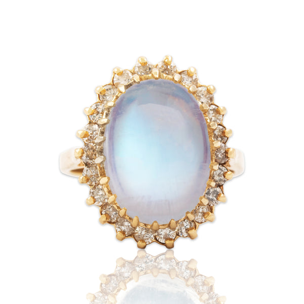 Vintage 14k Yellow Gold 7ct Moonstone Diamond Incredible Halo Cocktail Ring 6.25