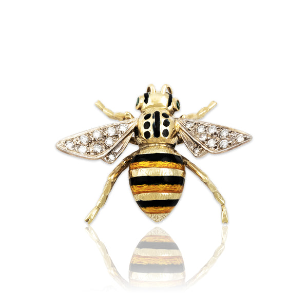 Vintage Impressive 14k Yellow Gold Diamond Emerald Enamel Honeybee Pin