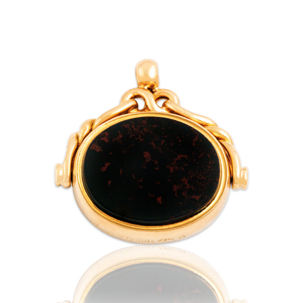 Antique Large English 18k Yellow Gold Bloodstone Carnelian Spinning Fob Pendant
