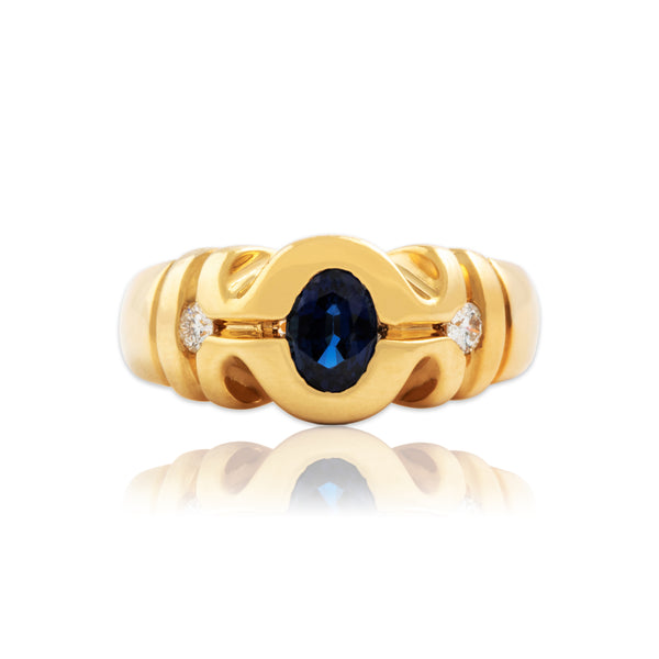 Vintage Heavy 18k Yellow Gold Blue Sapphire Diamond Elegant Ring 6.50