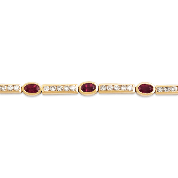 Vintage 14k Yellow Gold 2.4cttw Ruby 1.305cttw Diamond Chic Line Bracelet 6.75
