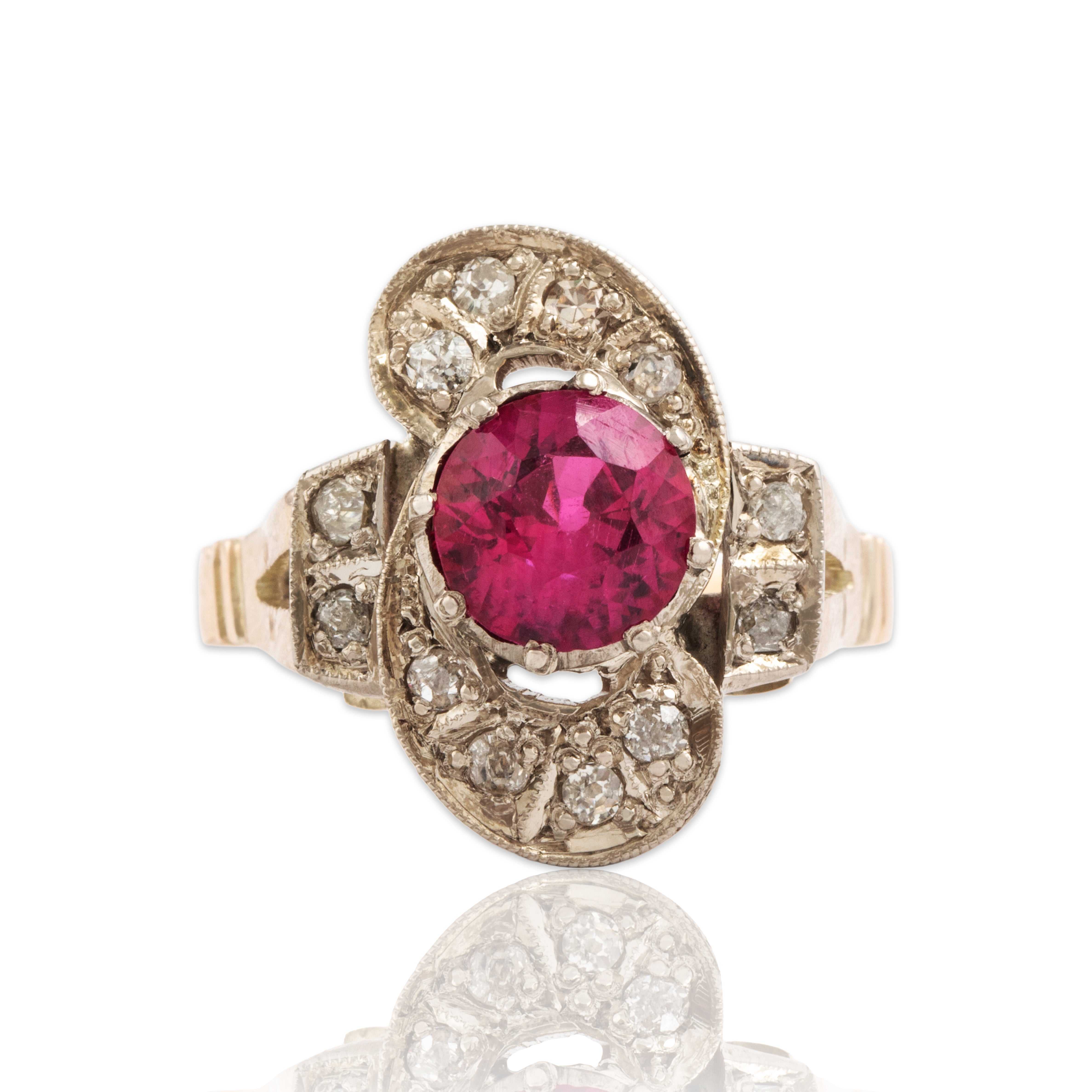 Antique 9k Rosy Yellow Gold Synthetic Ruby Natural Old Mine Diamond Ring 6.00