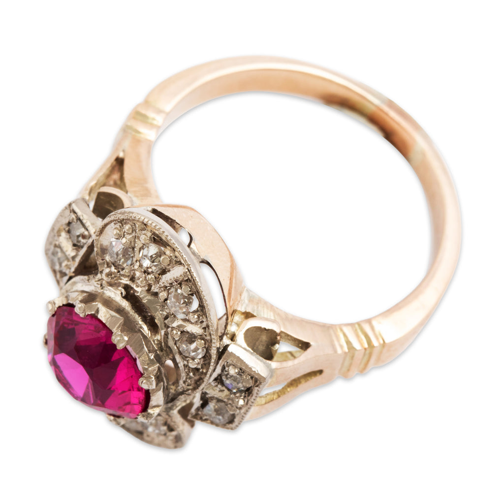 Antique 9k Rosy Yellow Gold Synthetic Ruby Natural Old Mine Diamond Ring 6.00