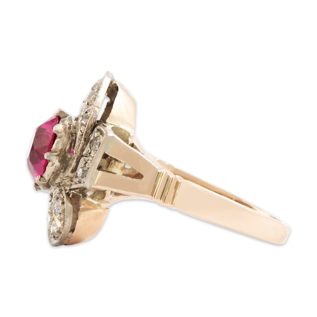 Antique 9k Rosy Yellow Gold Synthetic Ruby Natural Old Mine Diamond Ring 6.00