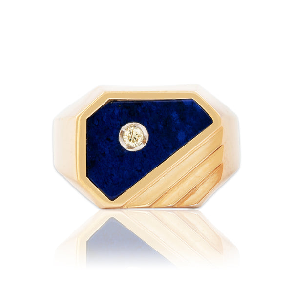 Vintage Heavy 14k Yellow Gold Lapis Lazuli Diamond Inlay Signet Ring 9.00