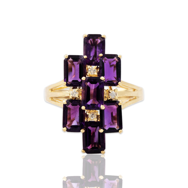 Vintage 14k Yellow Gold 2.8cttw Amethyst Diamond Cluster Cocktail Ring