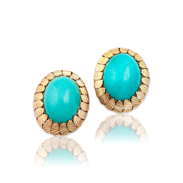 Vintage 14k Yellow Gold 20cttw Turquoise Leafy Statement Earrings