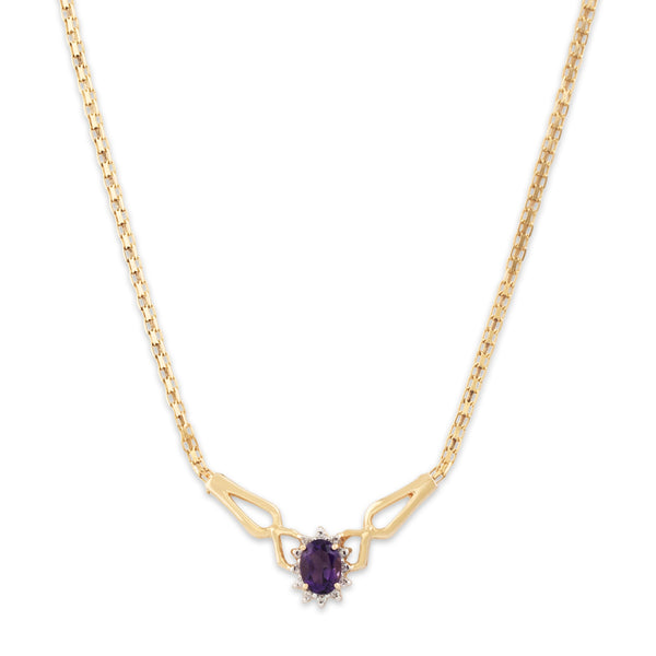 Vintage 14k Yellow Gold Amethyst Diamond Haloed Necklace 16