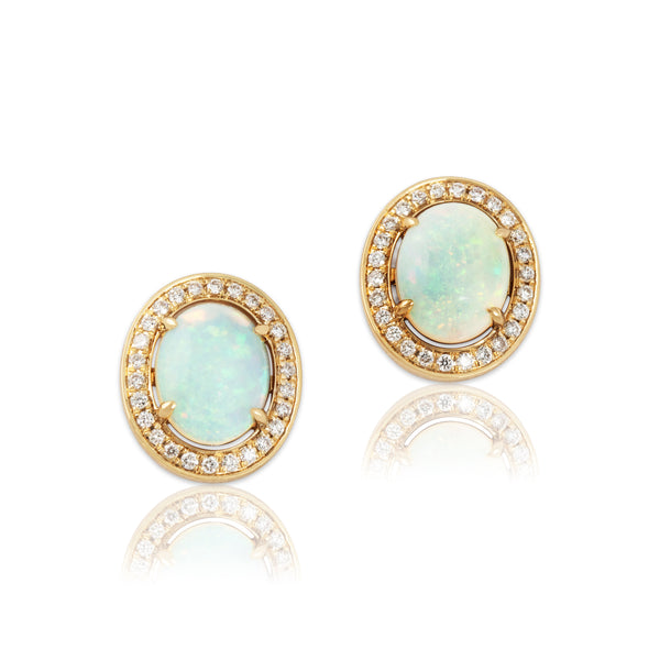 Estate 14k Yellow Gold Opal Diamond Luminous Oval Halo Earrings