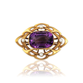 Antique 14k Yellow Gold 10.45ct Amethyst Pearl Stunning Openwork Pin