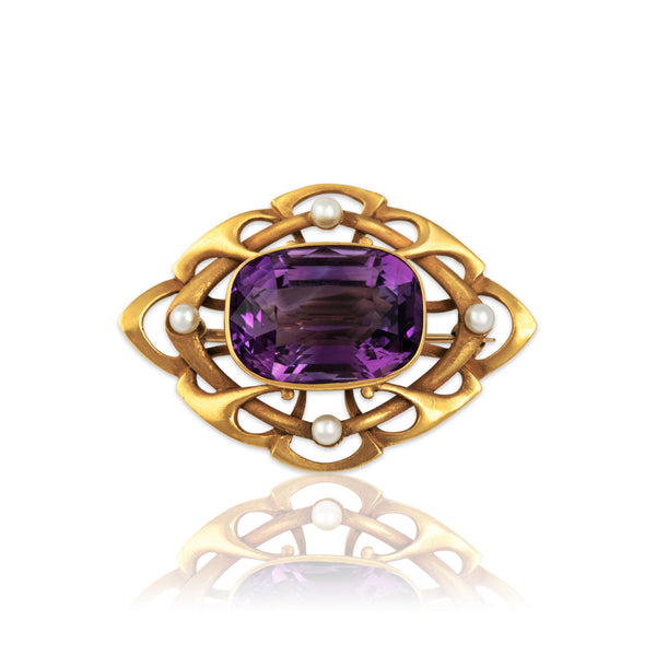 Antique 14k Yellow Gold 10.45ct Amethyst Pearl Stunning Openwork Pin
