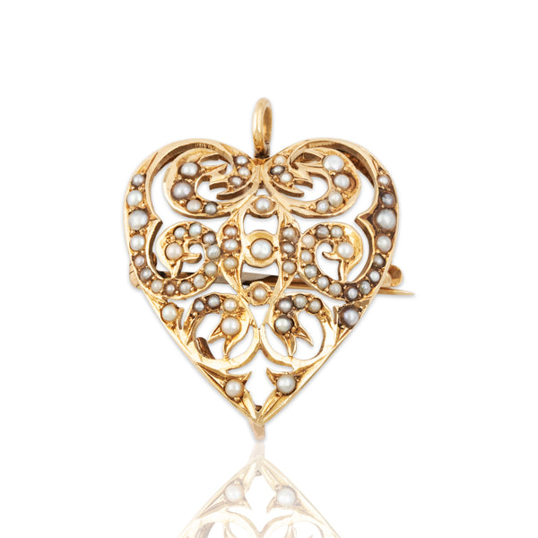 Antique Large 14k Yellow Gold Pearl Wonderful Openwork Heart Pin / Pendant
