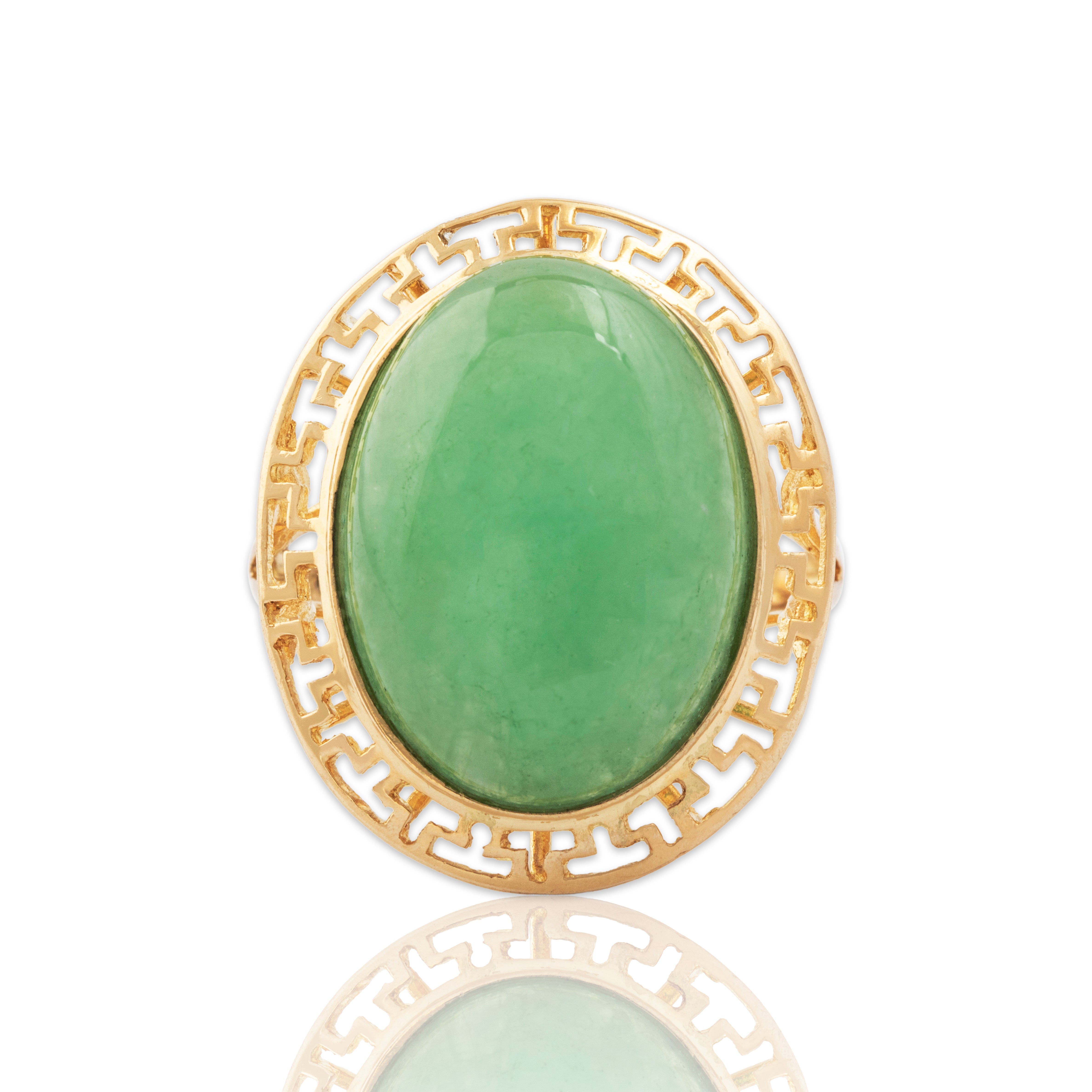 Vintage 14k Yellow Gold 10.75ct Green Jade Openwork Bezel Ring 7.25