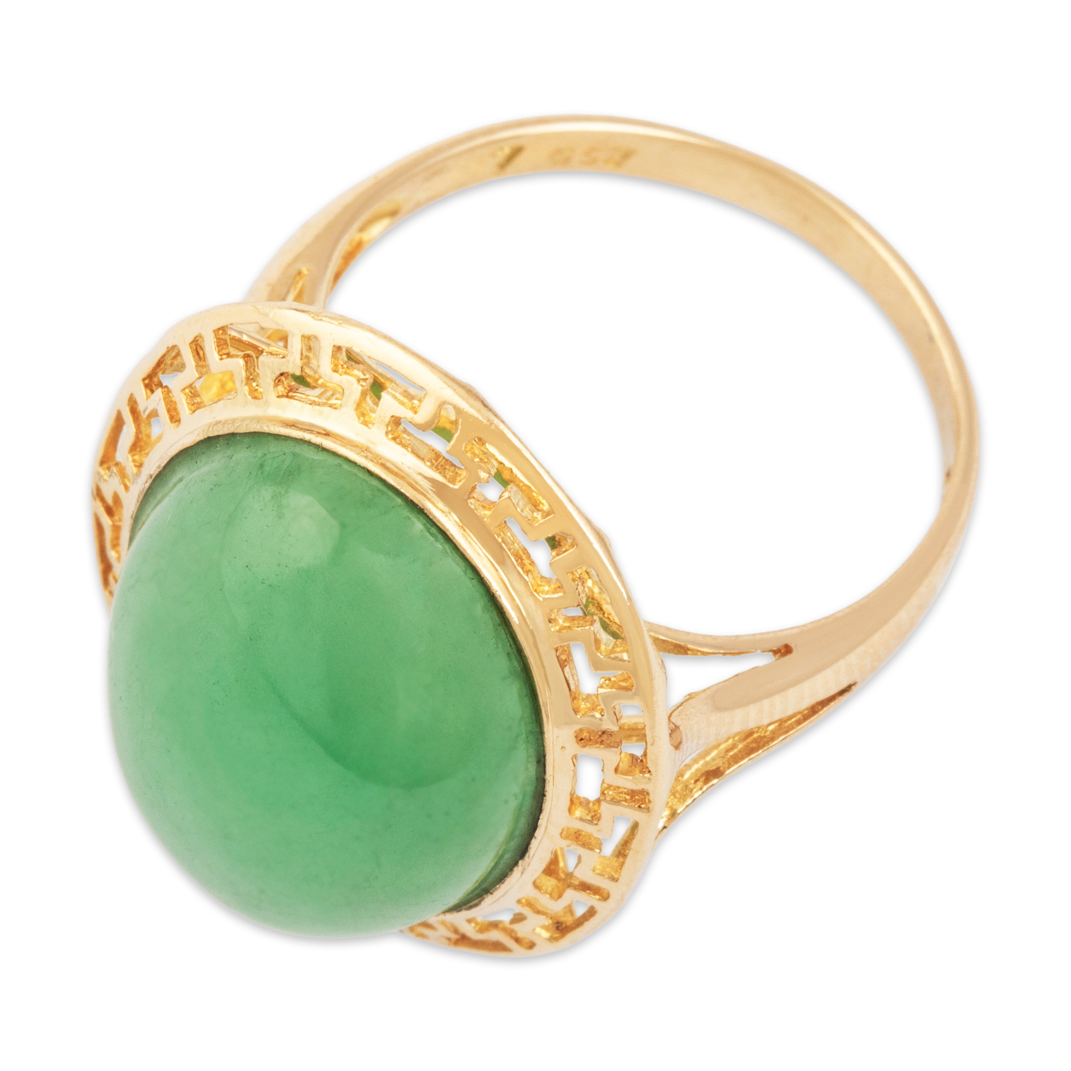 Vintage 14k Yellow Gold 10.75ct Green Jade Openwork Bezel Ring 7.25