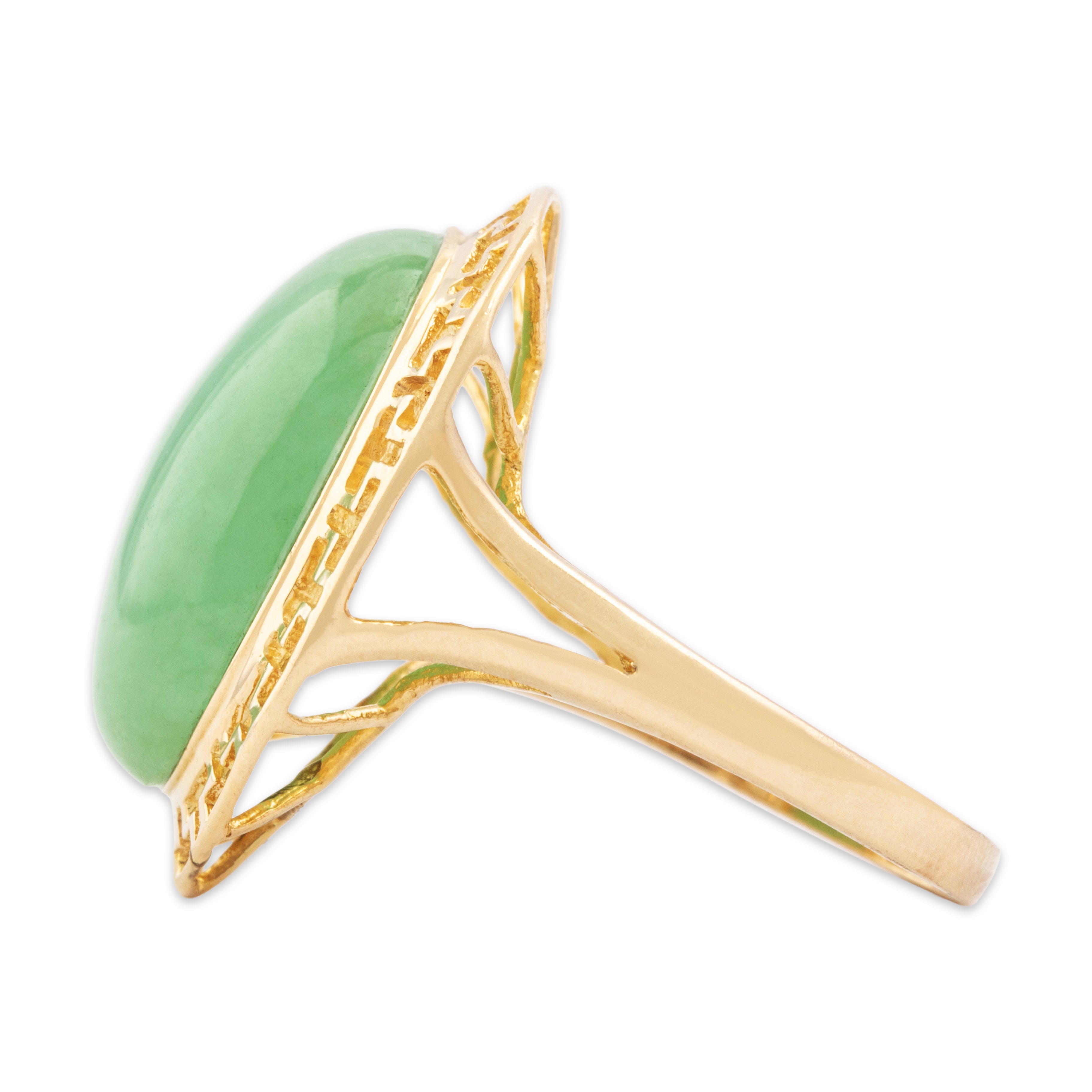 Vintage 14k Yellow Gold 10.75ct Green Jade Openwork Bezel Ring 7.25