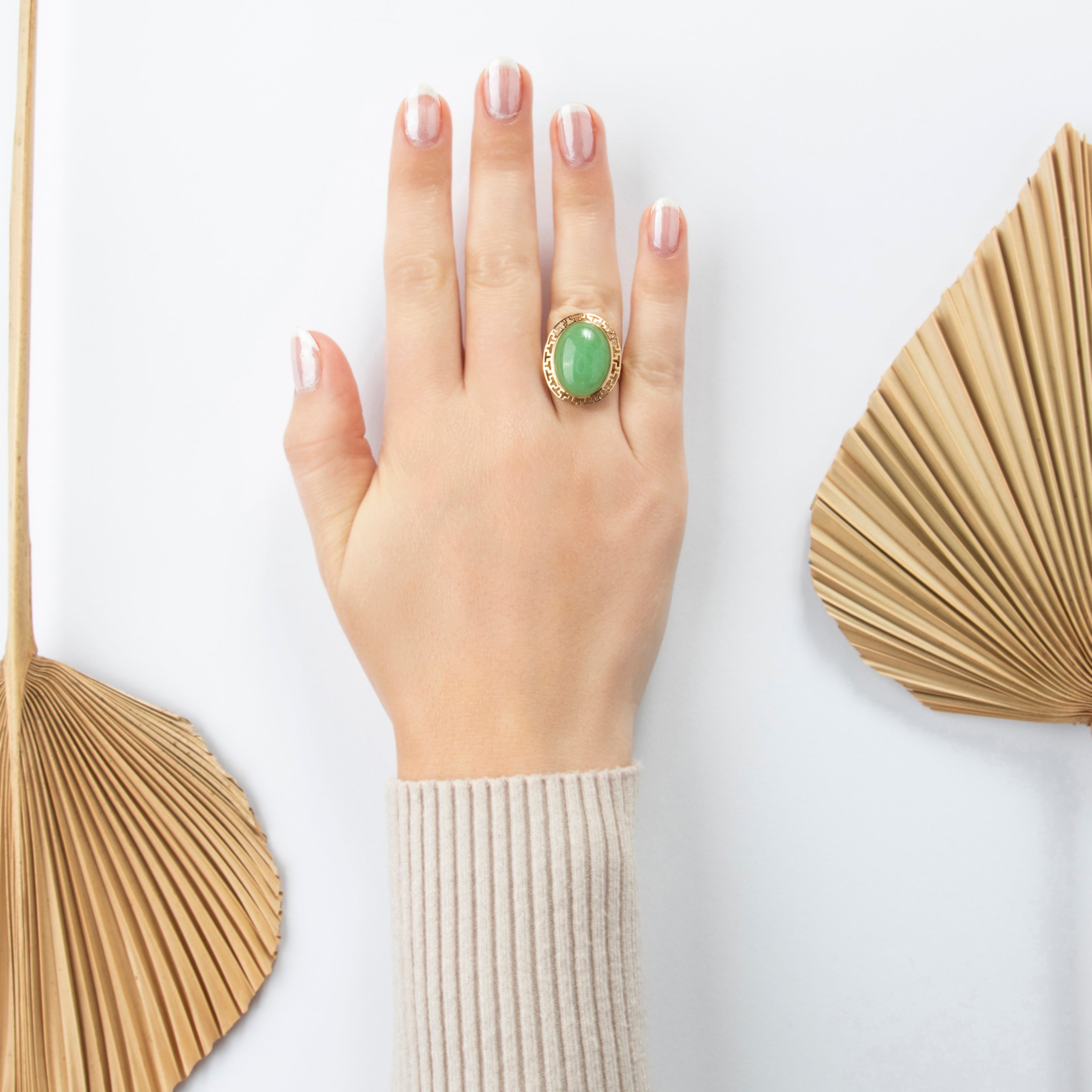 Vintage 14k Yellow Gold 10.75ct Green Jade Openwork Bezel Ring - On model view