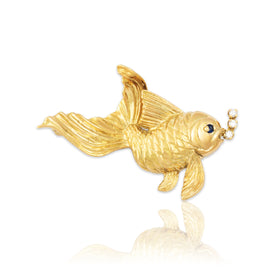 Vintage 18k Yellow Gold Diamond Sapphire Bubbly Goldfish Pin / Brooch
