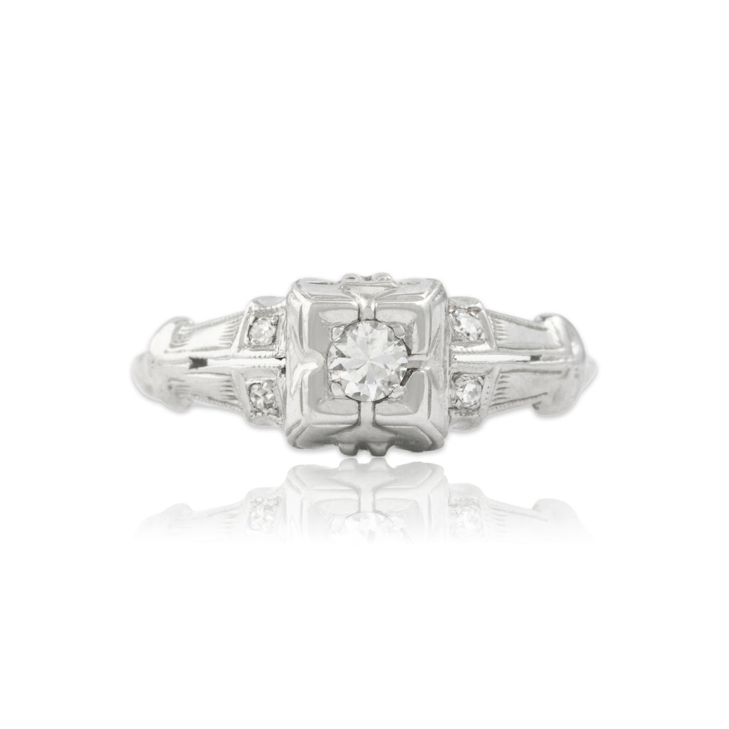Antique Art Deco 18k White Gold Old European Cut Diamond Architectural Ring 6.75