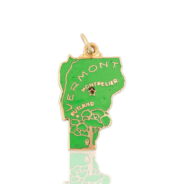 Vintage 14k Yellow Gold Green Enamel Vermont State Charm / Pendant