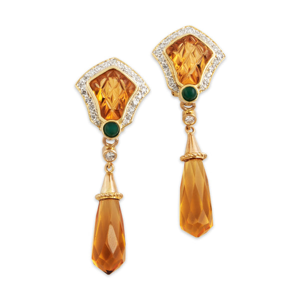 Vintage 14k Yellow Gold Citrine Green Chalcedony Diamond Carved Dangle Earrings