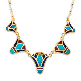 Vintage Egyptian 18k Yellow Gold Turquoise Lapis Lazuli Coral Inlay Necklace 16.5"