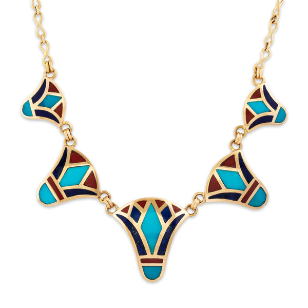 Vintage Egyptian 18k Yellow Gold Turquoise Lapis Lazuli Coral Inlay Necklace 16.5