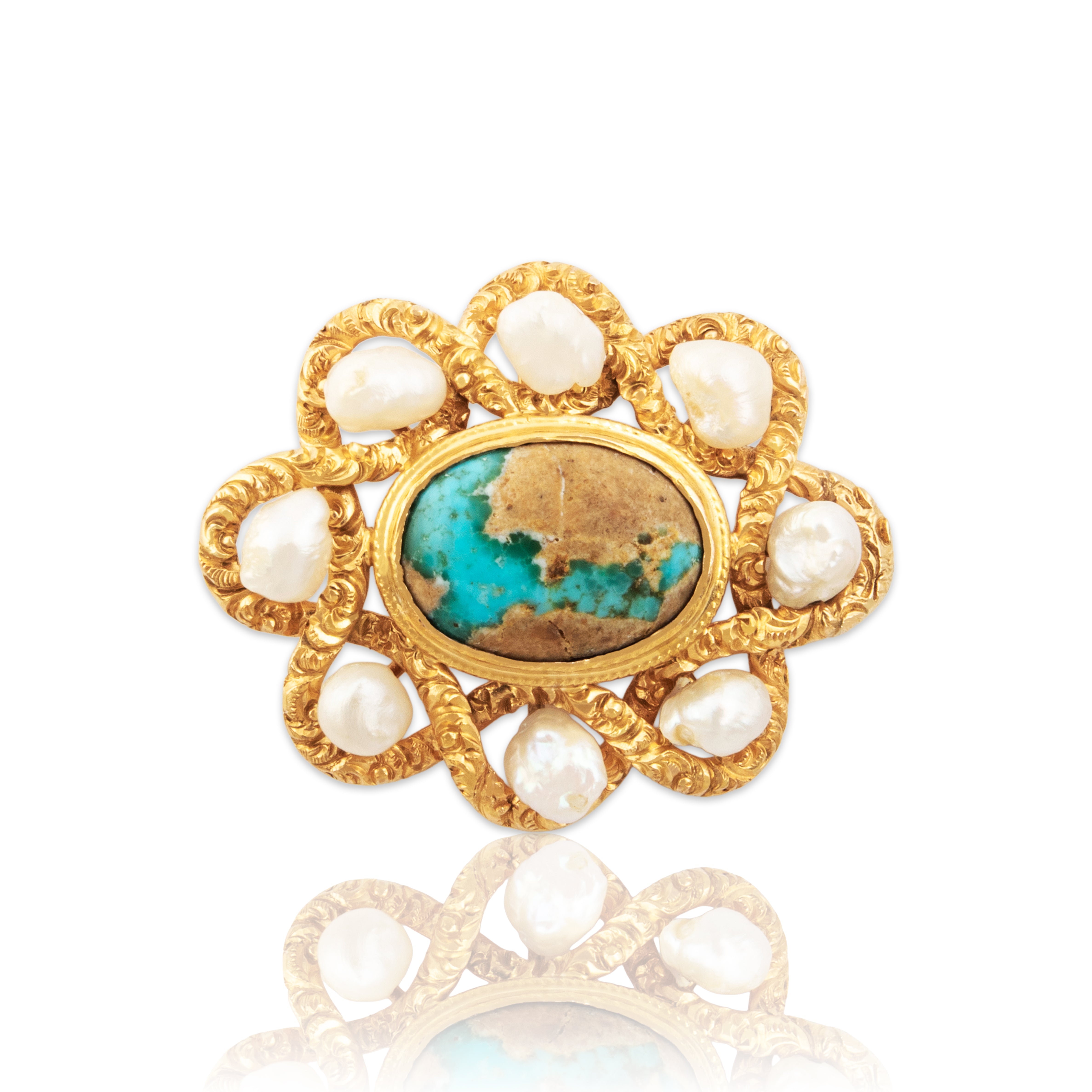 Antique Large 10k Yellow Gold 2.8ct Turquoise Pearl Textured Halo Slide Pendant