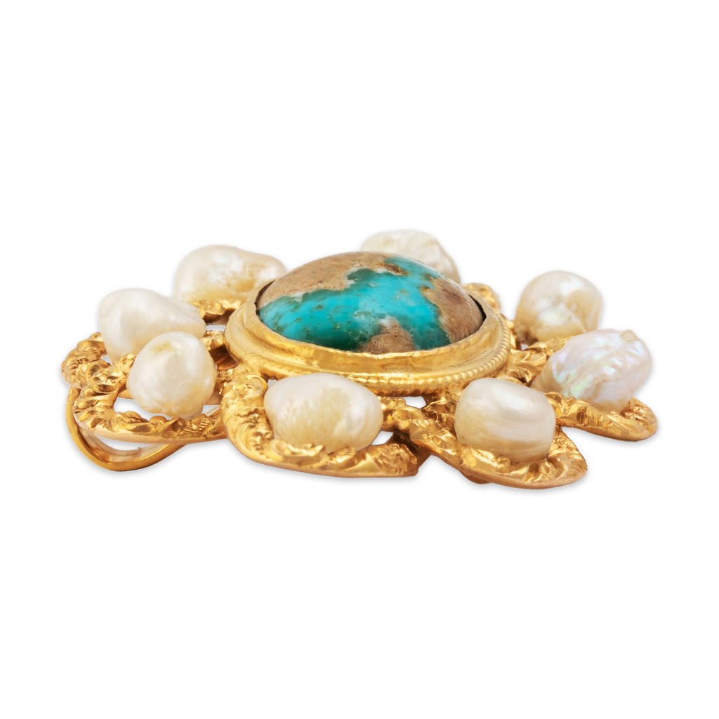 Antique Large 10k Yellow Gold 2.8ct Turquoise Pearl Textured Halo Slide Pendant