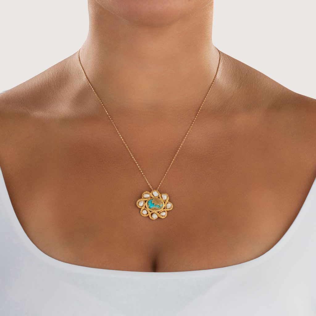 Antique Large 10k Yellow Gold 2.8ct Turquoise Pearl Textured Halo Slide Pendant