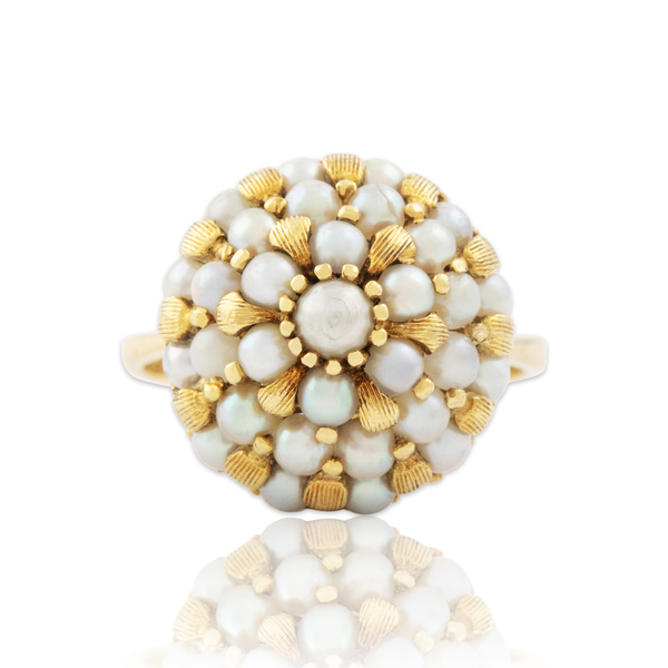Vintage Italian 18k Yellow Gold Pearl Chic Cluster Ring 5.75
