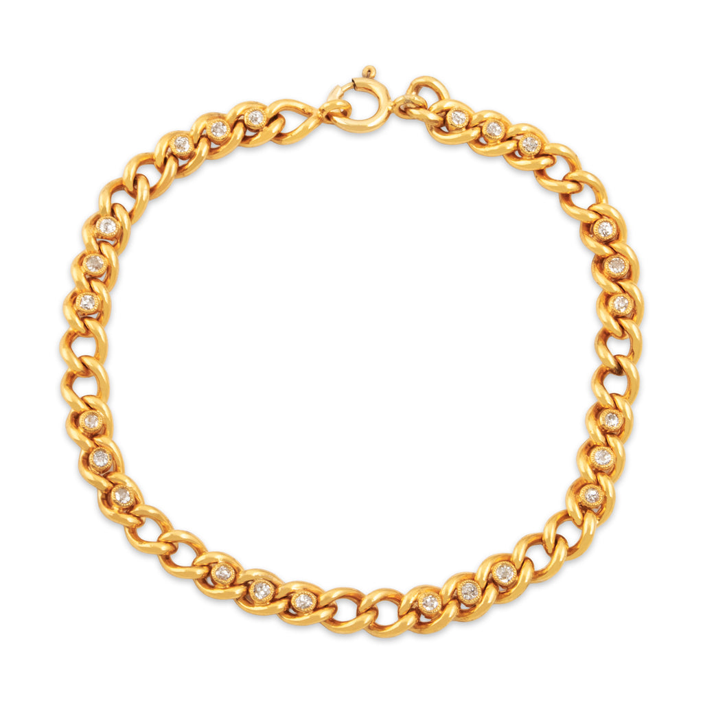 Antique 14k Yellow Gold .384cttw Old Mine Diamond Superb Curb Chain Bracelet 6.75"