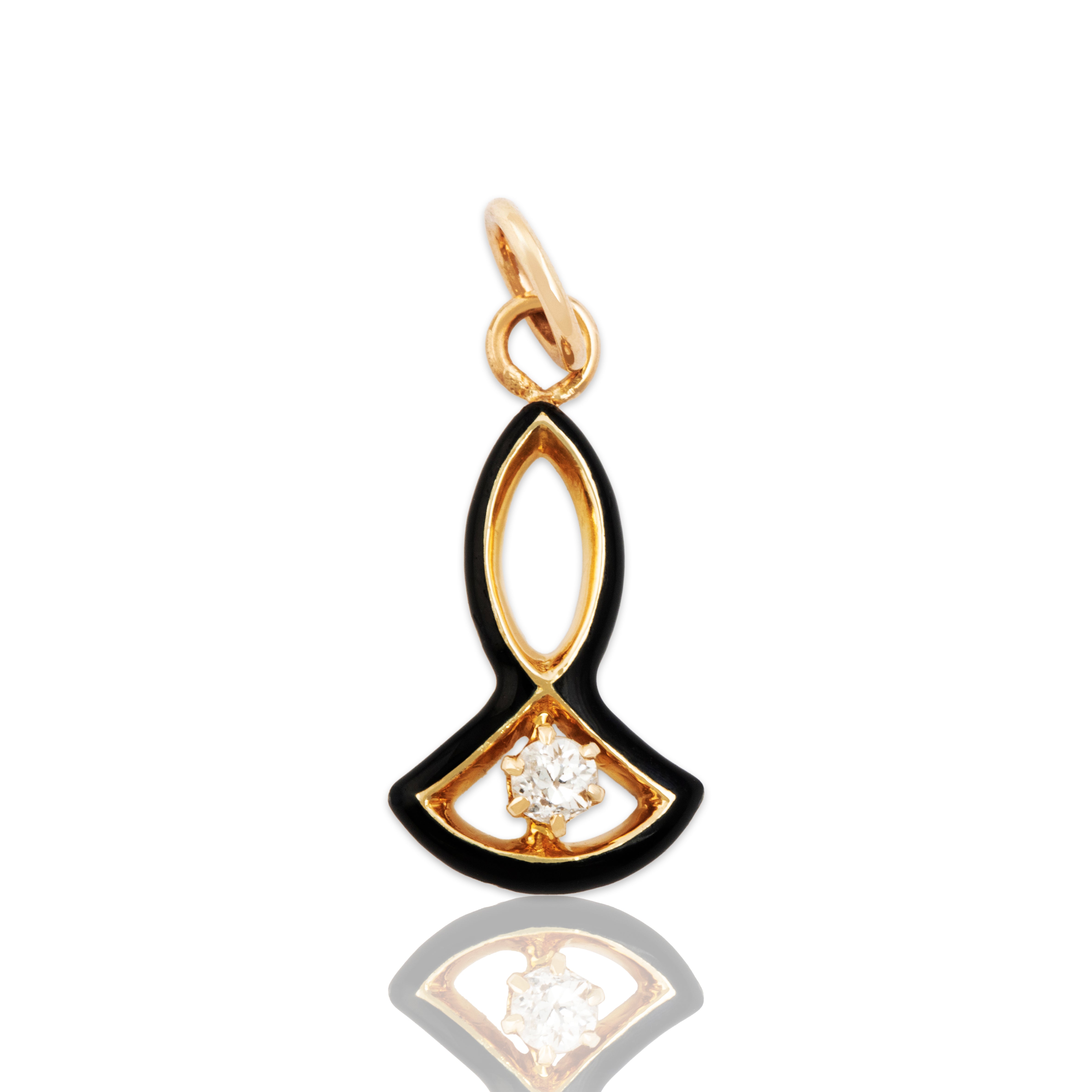Antique 14k Yellow Gold Old Mine Cut Diamond Lovely Black Enamel Charm / Pendant